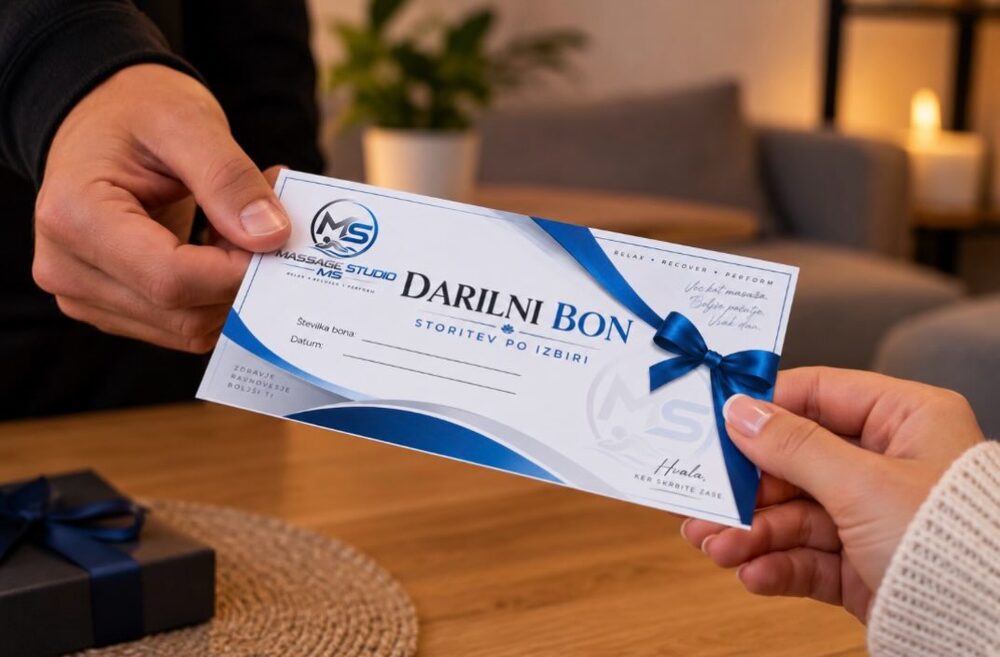 A gift voucher with a blue ribbon being handed over